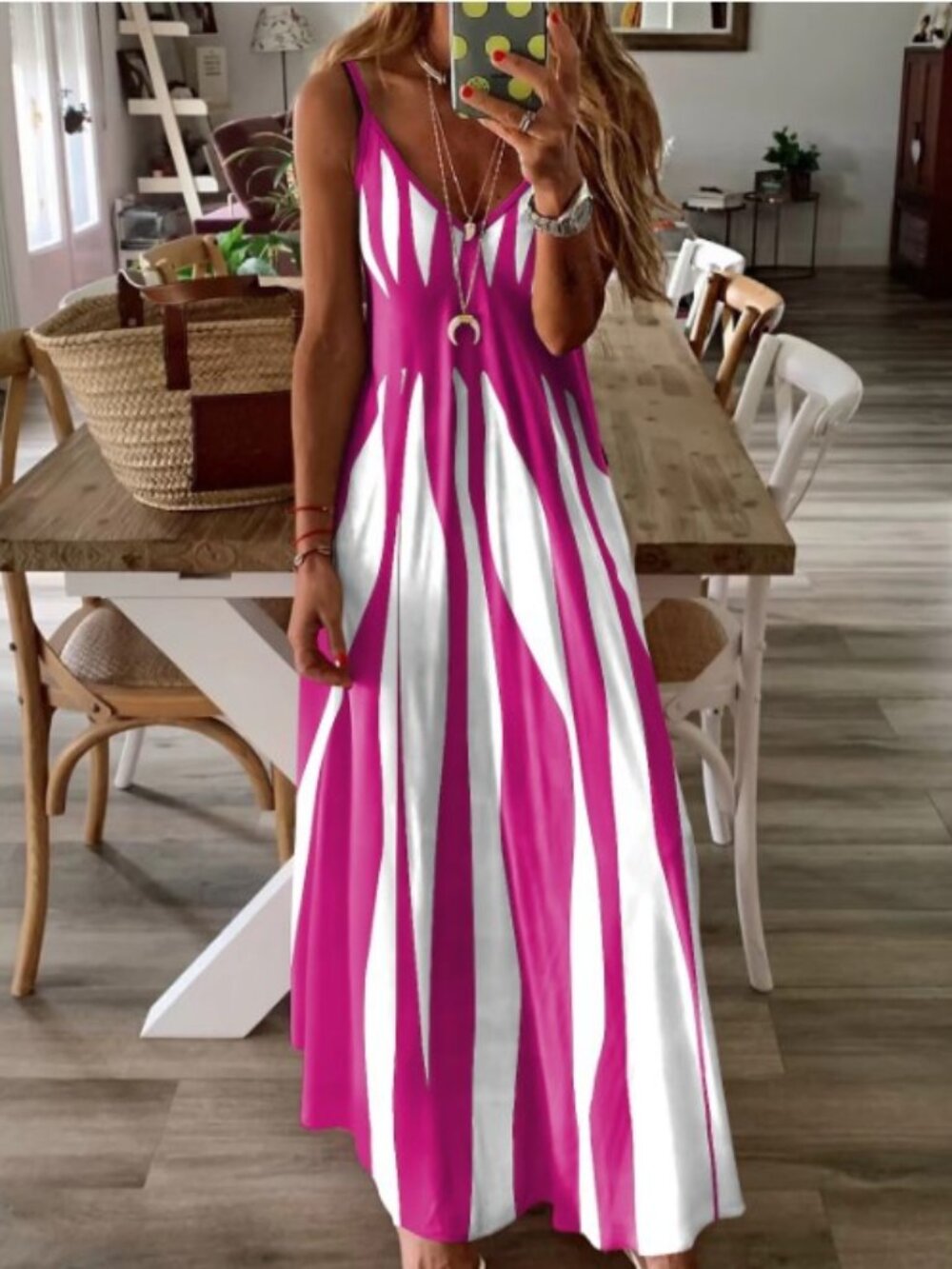 Women's Magenta Loose Sling A-Line Dress – 3D Effect Sleeveless Midi Dress